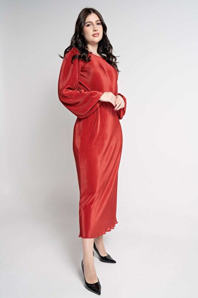 Nichii Women's Midi Dress with Long Pleated Sleeves