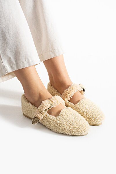 Moda Devrin Pantofi de iarnă pentru femei, din lână bej, cu cataramă, pentru acasă și în aer liber