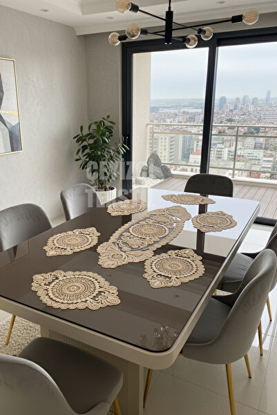 Çt Çeyizci Tekstil طقم عداء تقديم الخدمة الأمريكية الحديثة لـ 6 أشخاص - بني