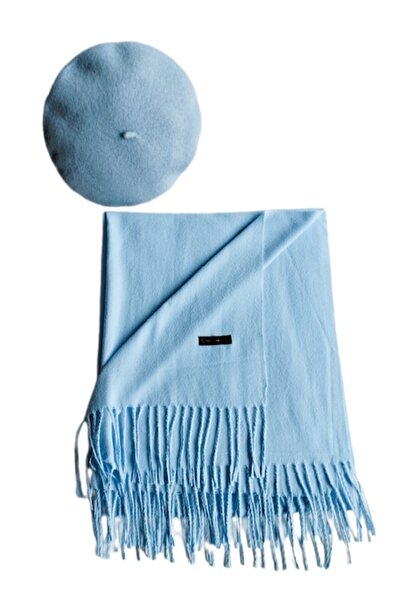 OEM Șal din cașmir albastru cu beretă asortată, 200 x 75 cm