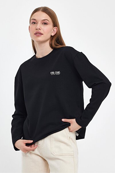 VENA Kadın Bisiklet Yaka Siyah Logo Baskılı Regular Fit Tişört