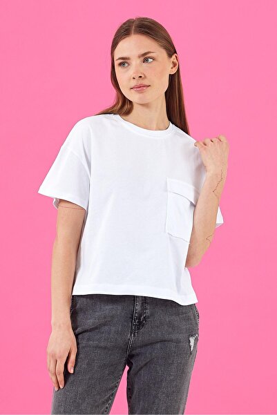 VENA Μπλουζάκι Jayla με λεπτομέρεια τσέπης και λαιμόκοψη-Λευκό