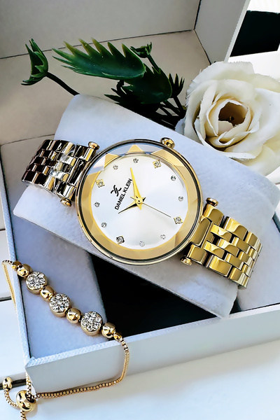 Daniel Klein Original Women's Wristwatch, Cut Glass Waterproof Gold Color Steel Band - Bracelet Gift Dkby2049C2