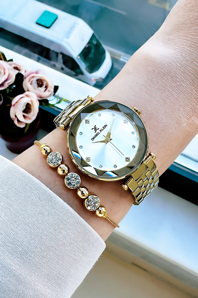 Daniel Klein Original Women's Wristwatch, Cut Glass Waterproof Gold Color Steel Band - Bracelet Gift Dkby2049C2