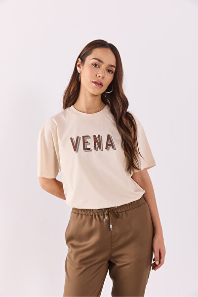 VENA Μπλουζάκι Oversize με τυπωμένο λογότυπο-Μπεζ