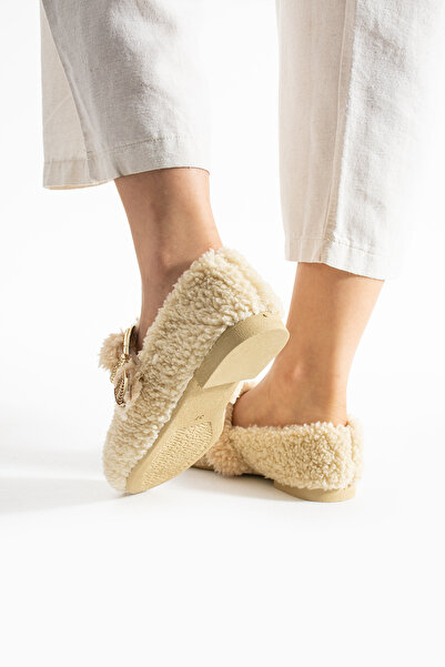 Moda Devrin Pantofi de iarnă pentru femei, din lână bej, cu cataramă, pentru acasă și în aer liber