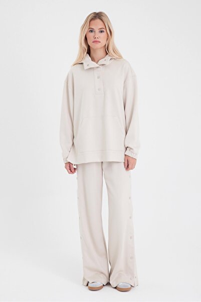 VENA Ruby Wide Leg Jogging Pants with Elastic Waist and Side Snaps (Cupro)-Bone