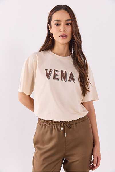 VENA Μπλουζάκι Oversize με τυπωμένο λογότυπο-Μπεζ