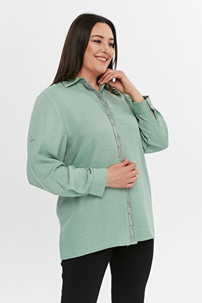 Laden Büyük Beden Kadın Pamuk Keten Abiye Mevsimlik Taşlı Anne Gömlek