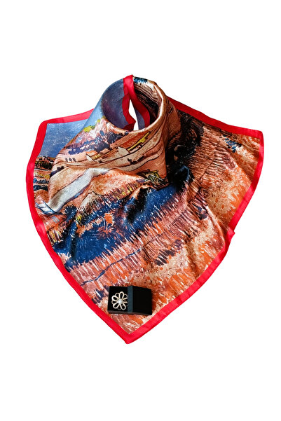 OEM Multicolored satin silk scarf, model 4, landscape print, with gold ring and pearl, 60 x 60 cm