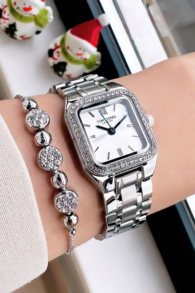 Tom Jones Original Square Women Wristwatch 3 Atm Water Resistant Silver Color Steel Band - Gift Bracelet Gtjb2014C5