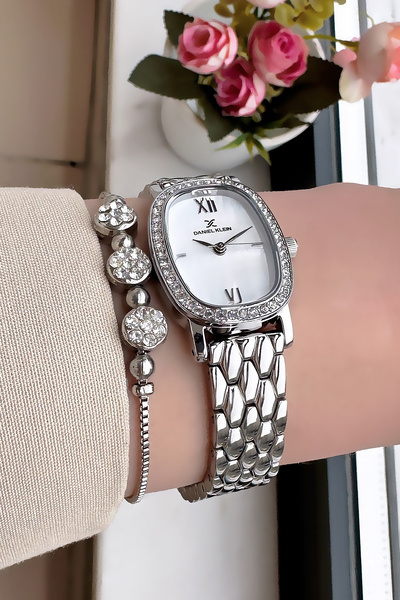 Daniel Klein Silver Color Cord Oval Stone Women Wrist Watch Waterproof Dkby2032C4