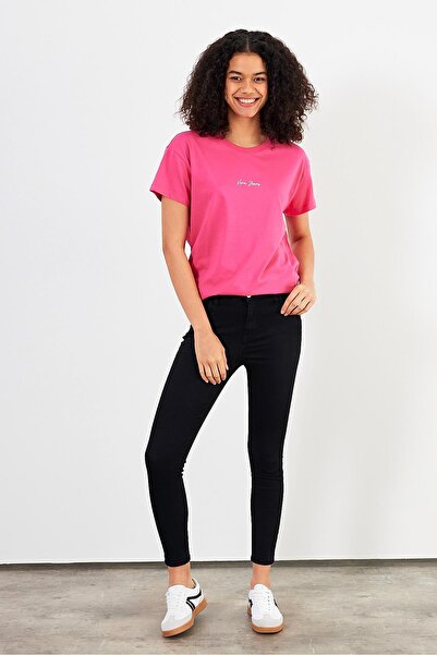 VENA Mini Logo Printed Regular Fit T-Shirt-Fuchsia