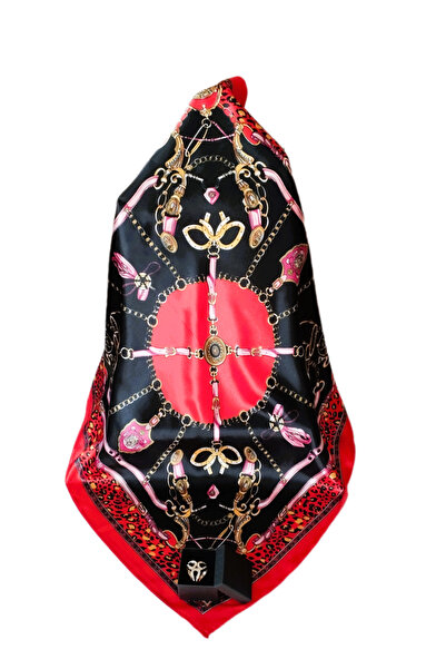 OEM Multicolored satin scarf 2 with chain print and gold ring, 60 x 60 cm