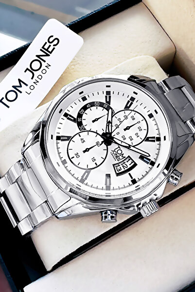 Tom Jones ساعة يد رجالية أصلية هدية للرجال ساعة يد رجالية مقاومة للماء فضية اللون سوار فولاذي هدية GTJE2102C1