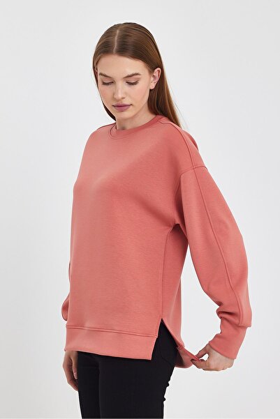 VENA Women's Crew Neck Sweatshirt with Side Slits and Soft Texture (Cupro)-Salmon