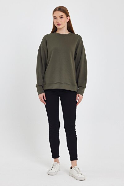 VENA Women's Crew Neck Sweatshirt with Side Slits and Soft Texture (Cupro)-Khaki