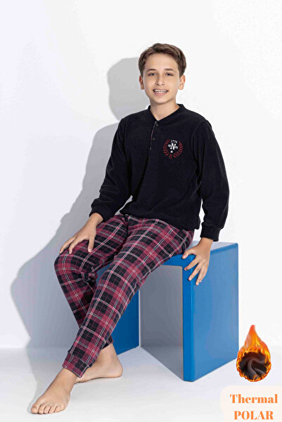 bigiyin Siyah Erkek Çocuk Polar Pijama Takımı Çocuk Kışlık Pijama Takımı Kalın Pijama