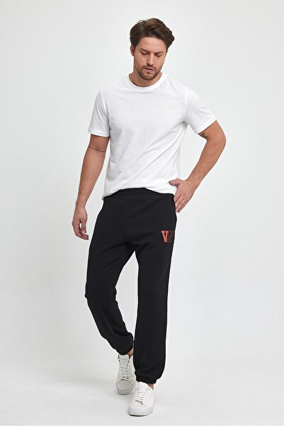 VENA Ανδρικό παντελόνι με λάστιχο στο πόδι με λογότυπο με τύπωμα - Μαύρο