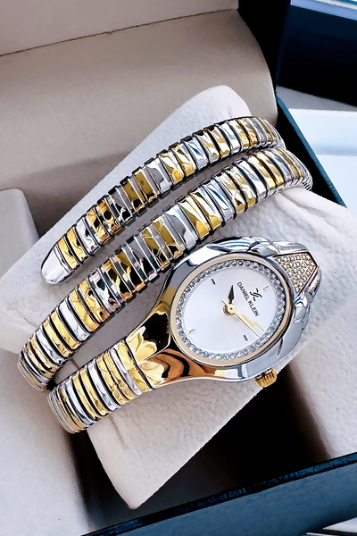 Daniel Klein Snake Model Women's Wrist Watch, Waterproof Gold Gumus Steel Band - Bracelet Gift Dkby2045C3