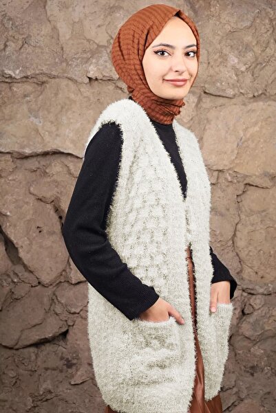 Çt Çeyizci Tekstil Kadın Yeleği Yumoş Örgü Cepki Yelek, Çeyizlik Örgü Yelek - Krem