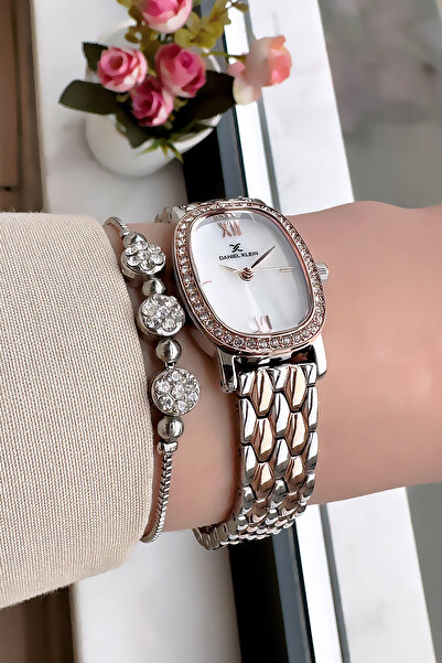 Daniel Klein Oval Stone Case Waterproof Women Wristwatch Rose Silver Color Steel Band Gift Bangle Dkby2032C5
