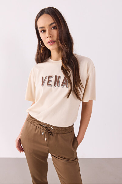 VENA Tricou oversize cu logo imprimat-bej