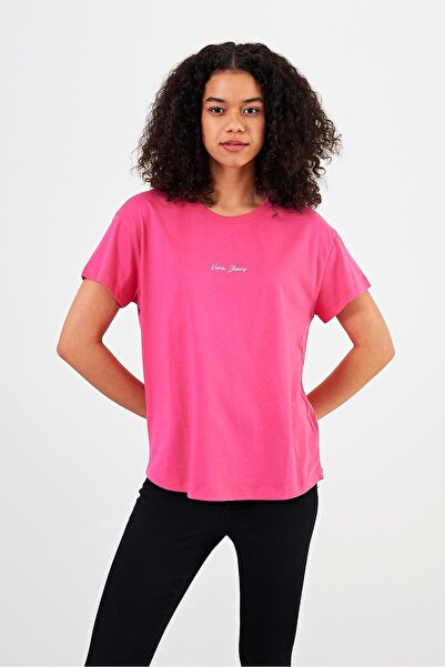 VENA Mini Logo Printed Regular Fit T-Shirt-Fuchsia