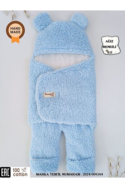 Tomuycuk 0-12 Ay Içi Elyaflı Peluş Welsoft Kulaklı Mavi Dış Bebek Kundak & Battaniyesi Kışlık Uyku Tulumu