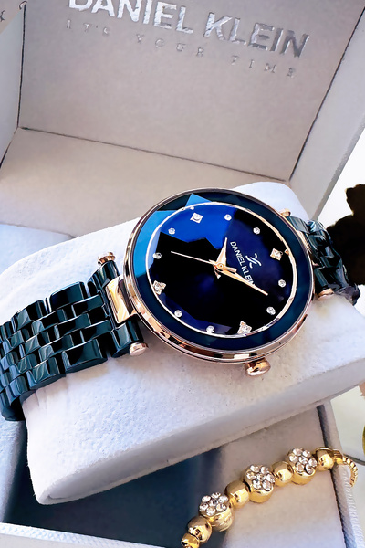 Daniel Klein Original Women's Wristwatch, Cut Glass Waterproof Navy Blue Steel Band - Bracelet Gift Dkby2049C5