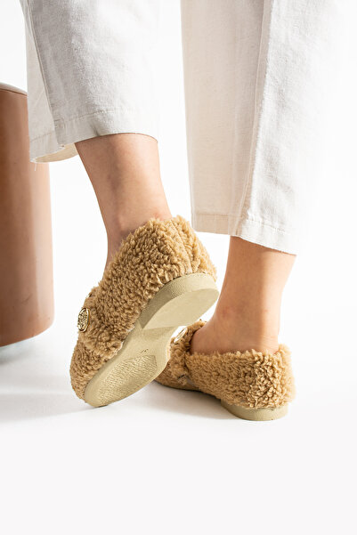 Moda Devrin Women's Mink Wool Buttoned Winter Ballerina Shoes for Home and Outdoor Use