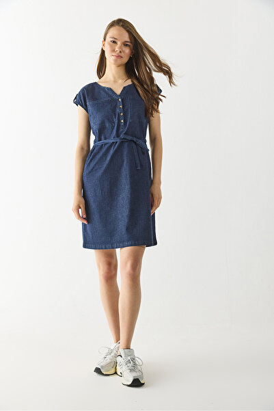 VENA Kadın Riva Dark Blue Önü Düğmeli Regular Fit Jean Elbise - Dark Blue
