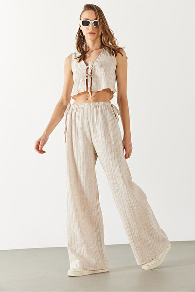 VENA Pantaloni cu talie elastică cu aspect de in - ECRU