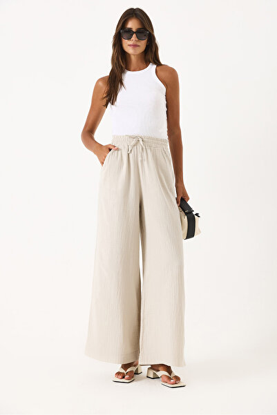 VENA Women's Gigi High Waist Wide Leg Muslin Pants 100% Cotton - Stone