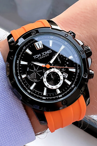 Tom Jones Takvimli Erkek Kol Saati 3 Atm Su Geçirmez Turuncu Silikon Kordon + Bileklik Hediyeli GTJE2056C4