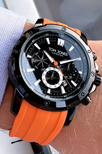 Tom Jones Takvimli Erkek Kol Saati 3 Atm Su Geçirmez Turuncu Silikon Kordon + Bileklik Hediyeli GTJE2056C4