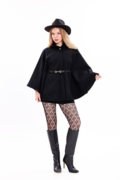 HARMONY GLOBAL Women's Black Judge Collar Belted Cashmere Poncho 157