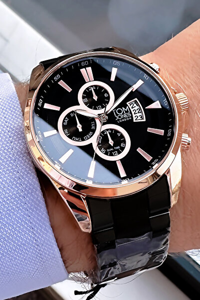 Tom Jones ساعة يد رجالية مقاومة للماء 3 ATM بسلك فولاذي أسود اللون + سوار TJEG2015C6