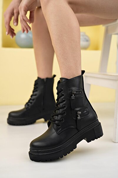 Aymood Чорні жіночі PU шкіряні черевики з товстою підошвою, на блискавці, з шнурівкою, середньої висоти, каблук 5 см, для щоденного носіння