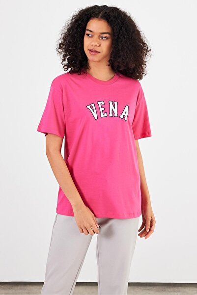 VENA Jeans Printed Crew Neck Regular Fit T-Shirt-Fuchsia