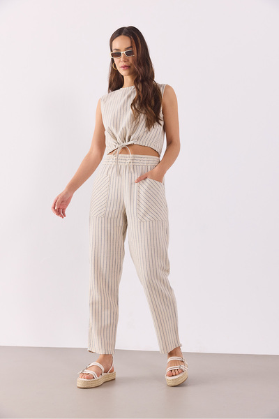 VENA Women's Elastic Waist Striped Baggy Trousers(Tencel)(Tm) - Dark Blue Striped