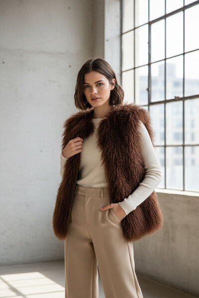 Deriderim Дамска жилетка с пух, в цвят кафе, с свободна кройка, от Nell Tiftik