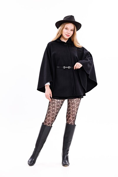 HARMONY GLOBAL Women's Black Judge Collar Belted Cashmere Poncho 157