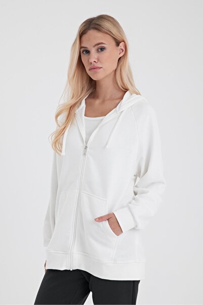 VENA Grace Hooded Zippered Regular Fit Basic Sweatshirt-Ivory