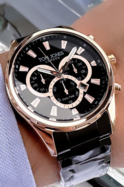 Tom Jones ساعة يد رجالية 3 أتم مقاومة للماء لون أسود سوار فولاذي Agr1534