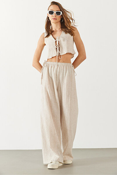 VENA Pantaloni cu talie elastică cu aspect de in - ECRU