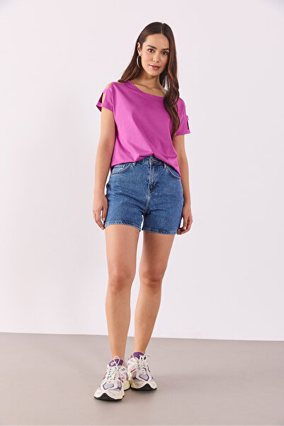 VENA Elsa Crew Neck Shoulder Detailed Modal T-Shirt(Tencel)(Tm) - Lilac