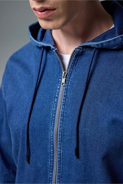 VENA David Dark Blue Hooded Front Zipper Jean Jacket-Dark Blue