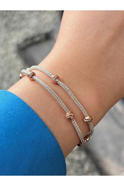 KAZZAZE Dorika Boncuk Detaylı Iki Zincirli Altın Gümüş Rengi Kombinli Gümüş B...