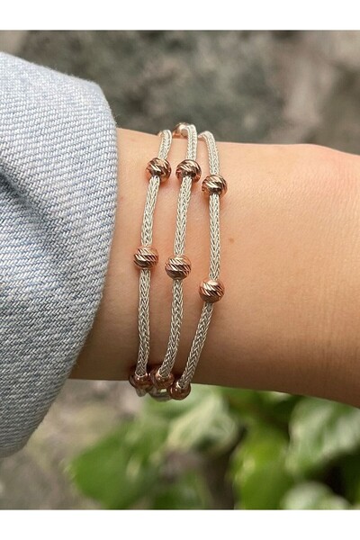 KAZZAZE Rose Dorika Boncuklu Gümüş Kazaziye Üç Zincirli Bileklik